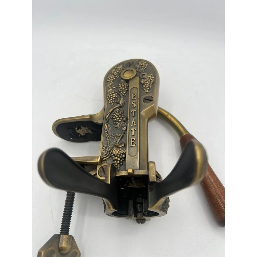 VTG Estate Brass Lever Wine Bottle Corkscrew Wood Handle Table Mount Wine Opener